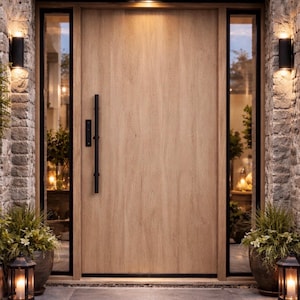 May include: A light-colored wooden door with a black handle and trim is the focal point of this image. The door is flanked by glass panels and stone walls, with lanterns and potted plants adding to the welcoming entrance. The door is the centerpiece of a home's exterior.