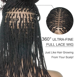 May include: A close-up of a black 360° ultra-fine full lace wig with small, tightly woven braids. The text reads, "Just Like Hair Growing From Your Scalp!" The wig is styled with some braids pulled up into a bun.