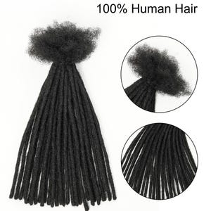 May include: A bundle of black dreadlocks made from 100% human hair. The image includes a close-up of the dreadlocks and the text "1Pack 100% Human Hair". The dreadlocks are tightly coiled and appear to be ready for installation.
