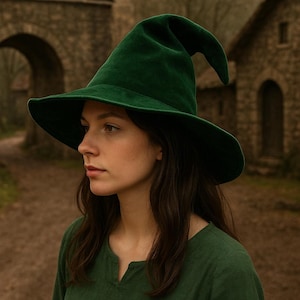 May include: A dark green witch hat with a wide brim and a pointed crown. The hat is made of a soft, velvety material. The person in the image is wearing a green shirt. The background features stone buildings and archways.
