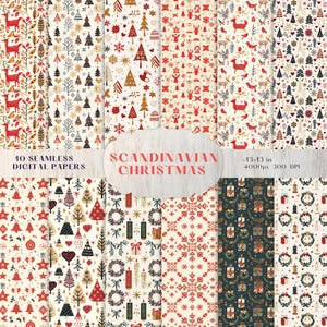 May include: A collection of ten seamless digital papers with Scandinavian Christmas patterns. The designs feature festive elements like reindeer, trees, snowflakes, and ornaments in red, gold, and cream colors. The text "Scandinavian Christmas" is displayed in a decorative font.