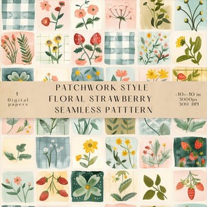 Motivo floreale a fragole in stile patchwork senza soluzione di continuità, motivo a piastrelle quadrate botaniche pastello, carta digitale gouache in stile cottagecore, design per tessuti