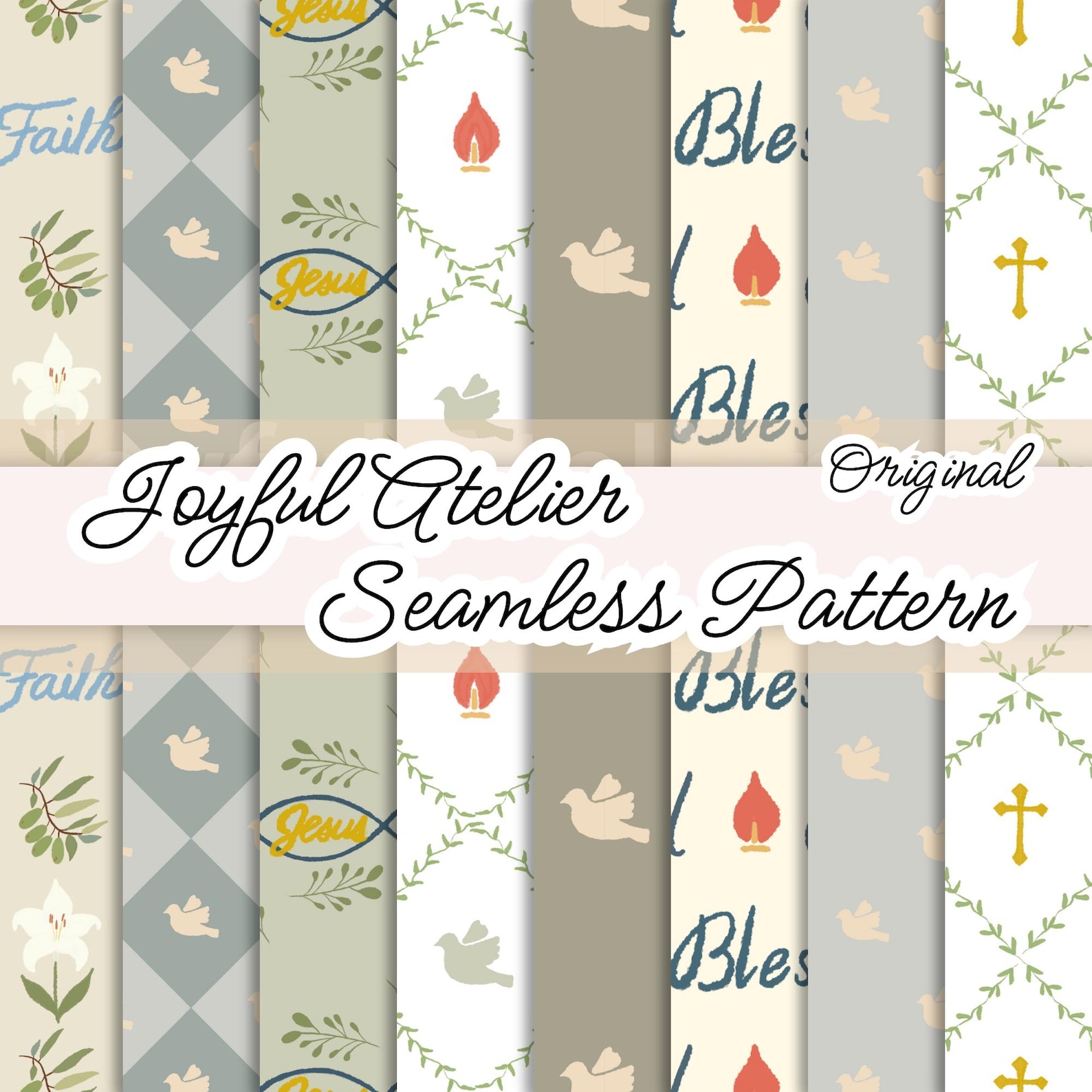 Blue Catholic Pattern Hand-drawn Christian Seamless Pattern Bundle | Catholic Faith Seamless ...