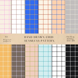 May include: A selection of 12 digital papers with hand-drawn grid seamless patterns. The patterns display diverse colour schemes, including pink, blue, orange, and grey. The image includes text that reads "Hand Drawn Grid Seamless Pattern" and "~13x13 in 4000px 400 DPI."