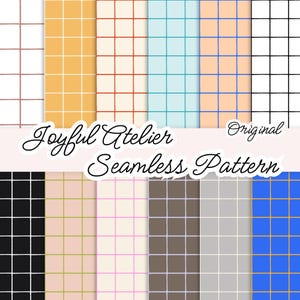 Può includere: Una collezione di motivi senza cuciture con design a griglia in vari colori, tra cui marrone, giallo, rosso, turchese, pesca, nero, rosa, grigio e blu. Il testo "Joyful Atelier Seamless Pattern" è visualizzato in corsivo.