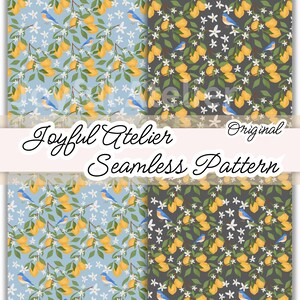 Citron sömlöst mönsterpaket | Handritade citrusblommor, fågelmönster | Vårsommar digitalt papper, tyg, sublimering