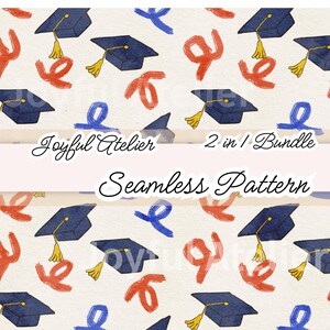 May include: Seamless pattern featuring navy blue graduation caps with yellow tassels, red and blue ribbon-like shapes on a cream background. The text "Joyful Atelier" and "Seamless Pattern" are also visible.