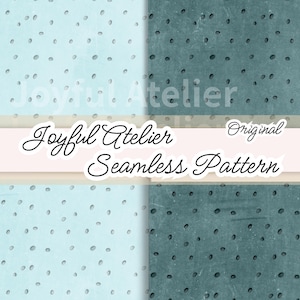 Puede incluir: Diseño de patrón sin costuras con un fondo azul claro y verde azulado con pequeños puntos oscuros espaciados uniformemente. El texto "Joyful Atelier Seamless Pattern Original" se muestra en la imagen.