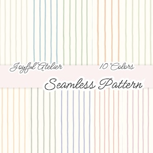 May include: Seamless pattern design with vertical stripes in ten pastel shades. The design includes the text "Joyful Atelier" and "10 Colors" above the words "Seamless Pattern". The background is off-white.