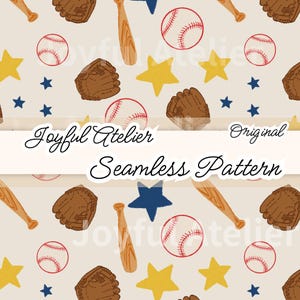 Peut inclure: Motif sans couture avec des balles de baseball, des battes, des gants et des étoiles. Le motif comprend des balles de baseball avec des coutures rouges, des gants et des battes marron, des étoiles jaunes et bleues, et le texte "Joyful Atelier Seamless Pattern".