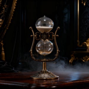 May include: An ornate hourglass with a clear glass bulb filled with white sand. The hourglass is supported by a decorative bronze-colored metal frame and base. The design features curved lines and floral accents, creating a vintage aesthetic.