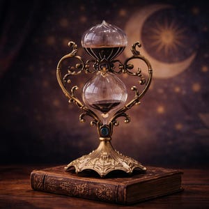 May include: An antique hourglass with a decorative gold-colored frame, resting on a vintage book. The hourglass has clear glass bulbs filled with dark sand. The background features a celestial design with a crescent moon.