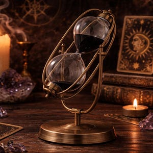 Puede incluir: Un reloj de arena de latón con arena oscura, sobre una mesa de madera con velas, cartas del tarot y cristales. La escena evoca un tema místico o gótico. El reloj de arena es el objeto central.
