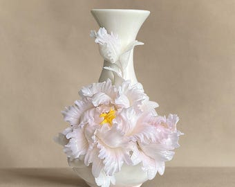 Skulpturale Pfingstrosen-Keramikvase | Handgemachte Blumenkunst Home Decor