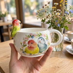 May include: A white ceramic mug featuring a three-dimensional green and red parrot figurine attached to the rim. The mug is decorated with a painted illustration of a yellow-orange parrot and a blue parrot surrounded by colorful floral vines.