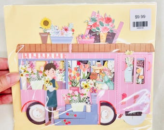 3D Pop Up Flower Shop Cart Happy Birthday Greeting Card