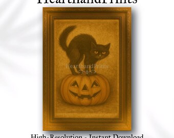 Impressão vintage de gato preto de Halloween: arte de parede gótica de Jack O'Lantern (download digital)