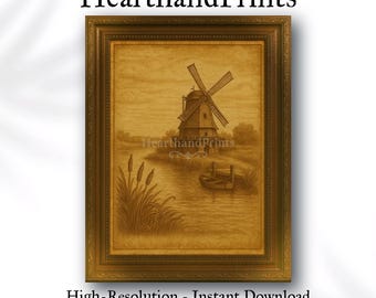 Vintage Windmill Print: Rustic Farmhouse Landscape Drawing (Digital Download)