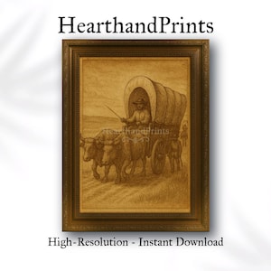 May include: A sepia-toned print of a covered wagon pulled by two oxen, with a driver holding a long stick. The print is framed in a dark brown, ornate wooden frame. The text "HearthandPrints" and "High-Resolution - Instant Download" are visible.