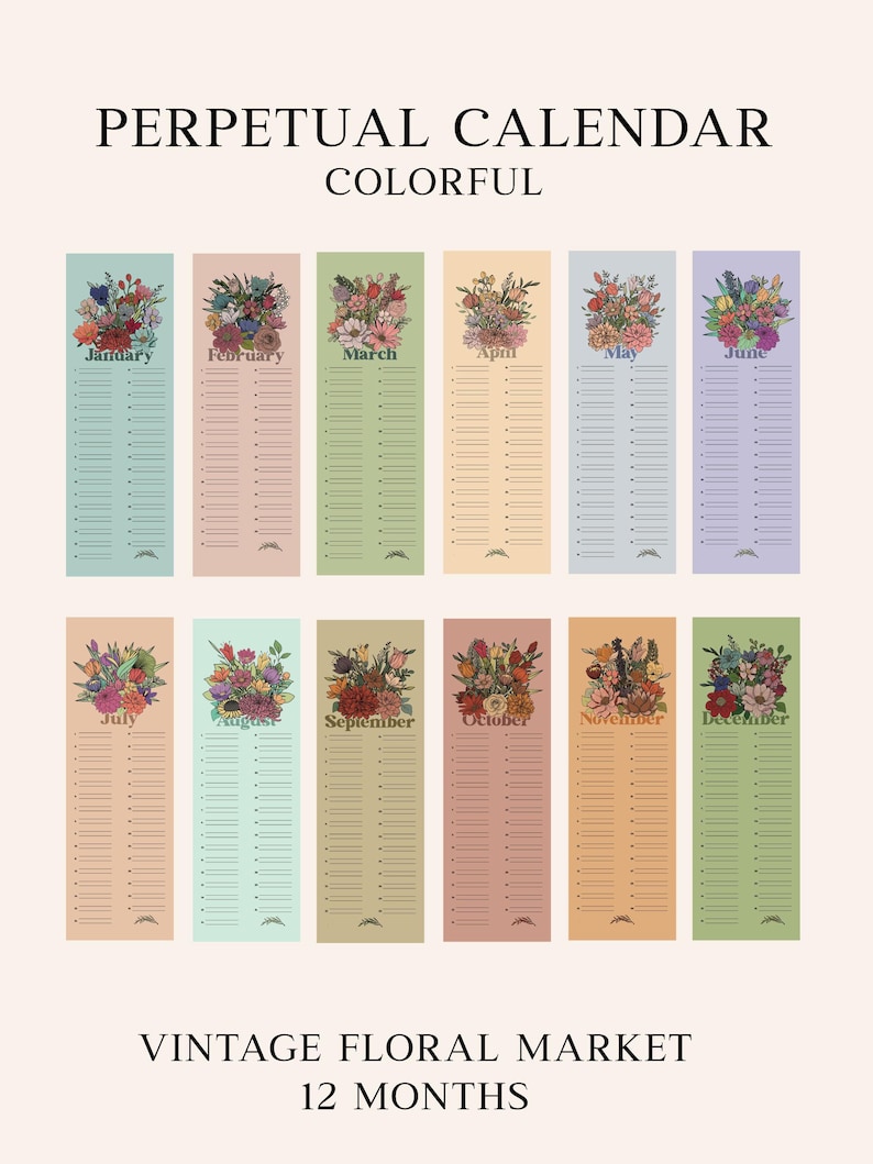 Vintage Floral Celebration Calendar | 5.5 x 16.5 with wire-O binder | Perpetual Calendar | Undated Planner