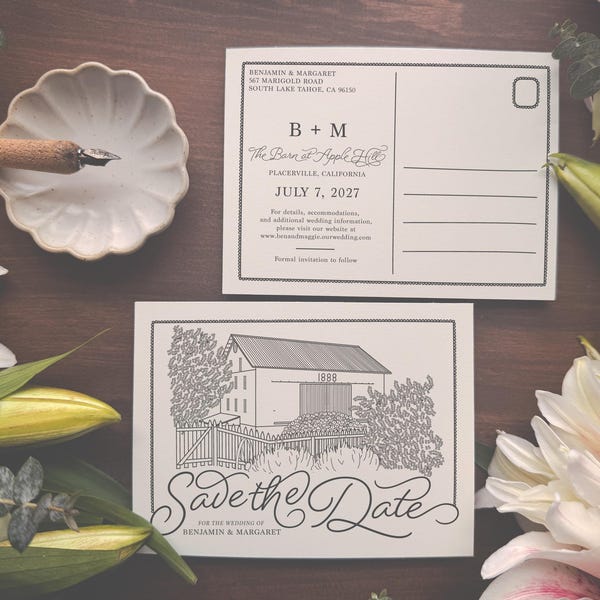 Minimalist Custom Venue Save the Date | Illustrated Wedding Location Postcard | Personalized Wedding Stationery