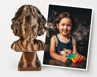 Busto retrato personalizado con acabado en bronce: escultura impresa en 3D a partir de una fotografía, recuerdo familiar.