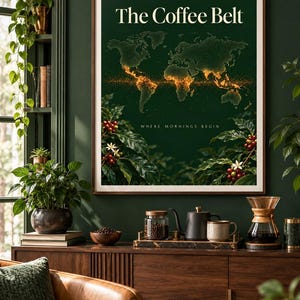 Könnte beinhalten: Ein gerahmter Wandkunstdruck mit dem Titel The Coffee Belt, der einen dunkelgrünen Hintergrund mit einer leuchtend goldenen Weltkarte, Kaffeepflanzenillustrationen mit roten Beeren und weißen Blüten sowie den Text Where Mornings Begin zeigt.