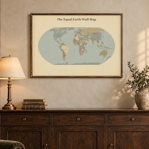 Equal Earth world map in copperplate engraving style – antique atlas, digital print A0 A1 A2