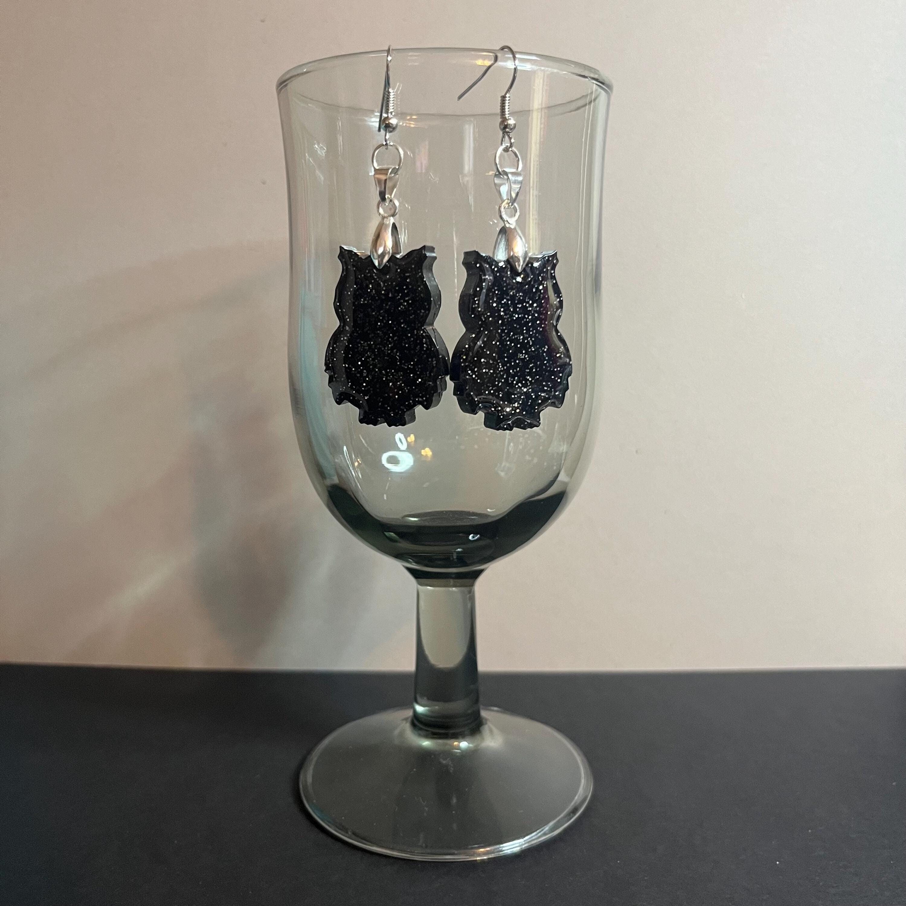 Handcrafted Black Glitter Resin Owl Earrings, Unique and Stylish Jewelry, Black & Glitter, Midni