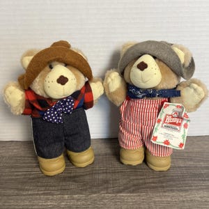 May include: Two plush teddy bears wearing hats, outfits, and shoes. One bear wears a brown hat, a red and black plaid shirt, a blue bow tie, and denim pants. The other bear wears a gray hat, a blue bandana, red and white striped overalls.