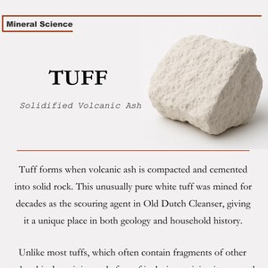 May include: A white, irregularly shaped piece of tuff, a solidified volcanic ash. The image includes the text "TUFF" and "Solidified Volcanic Ash." The text also mentions its use as a scouring agent and its smooth, chalky texture.