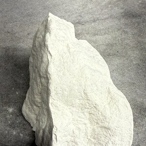 May include: A large, irregularly shaped, off-white rock with a rough, textured surface. The rock has a natural, organic form, with visible ridges and variations in its surface. The background is a neutral gray.