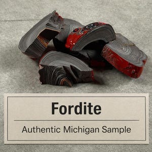 May include: A collection of Fordite stones, showcasing layered patterns in shades of gray, black, and red. The stones are rough-cut and have a unique, organic appearance. The text on the label reads "Fordite Authentic Michigan Sample."