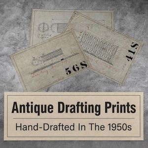 May include: Three rectangular sheets of aged paper featuring technical engineering drawings of coiled springs with dimensions, handwritten annotations, and the numbers 56S and 41S. A separate rectangular label displays the text Antique Drafting Prints Hand-Drafted In The 1950s.