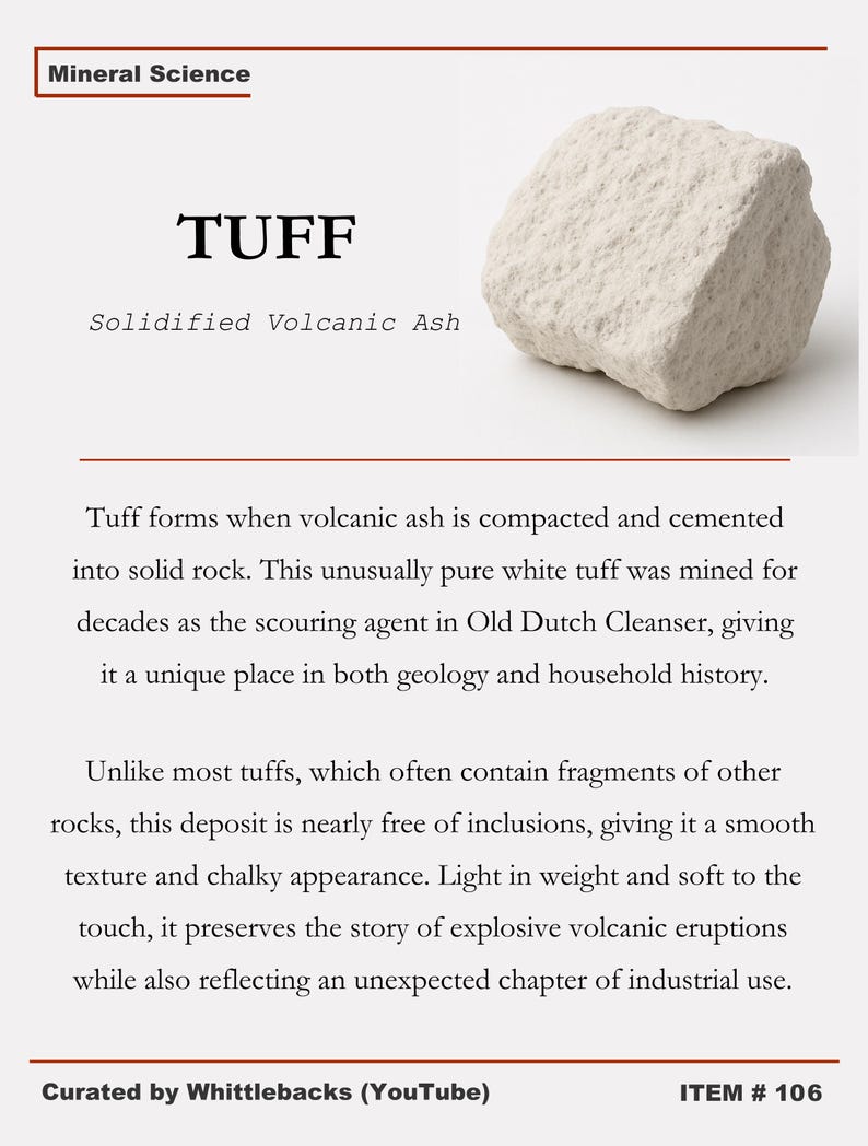 May include: A white, irregularly shaped piece of tuff, a solidified volcanic ash. The image includes the text "TUFF" and "Solidified Volcanic Ash." The text also mentions its use as a scouring agent and its smooth, chalky texture.