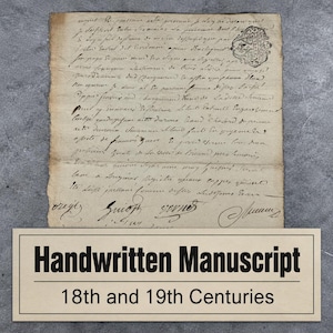 May include: An aged, rectangular piece of parchment featuring dense, dark brown handwritten French cursive script, with a decorative ink stamp in the upper right corner and a horizontal fold line across the center of the paper.