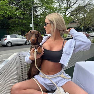 May include: A brown dachshund dog on a leash. The dog is wearing a collar. The dog is being held by a person wearing a black top, grey shorts, and white trainers. The person is also wearing sunglasses.