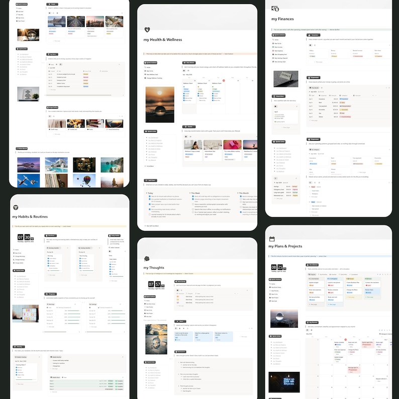 May include: Screenshots of digital planning pages, including sections labelled "my Habits & Routines," "my Health & Wellness," "my Finances," and "my Plans & Projects." The pages feature lists, calendars, and images.