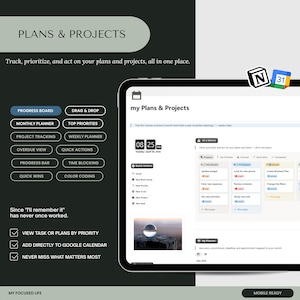 May include: A digital tablet shows a productivity app interface with the text "Plans & Projects." The app features a progress board, monthly planner, and project tracking. The image includes the text "Track, prioritise, and act on your plans and projects, all in one place."