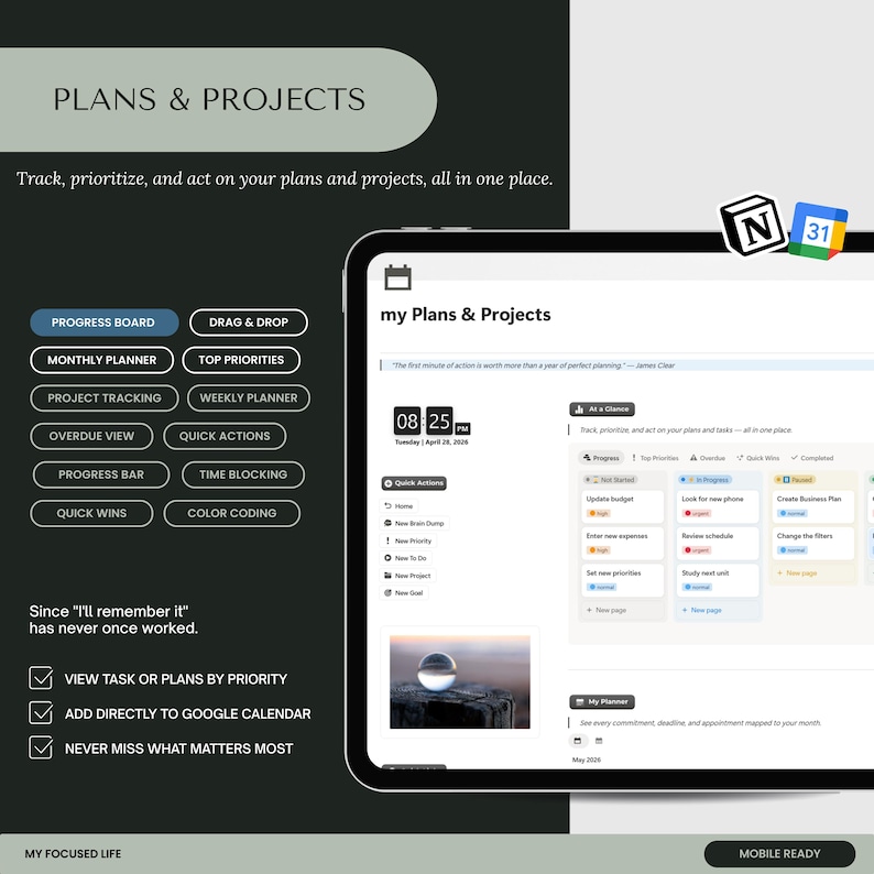 May include: A digital tablet shows a productivity app interface with the text "Plans & Projects." The app features a progress board, monthly planner, and project tracking. The image includes the text "Track, prioritise, and act on your plans and projects, all in one place."