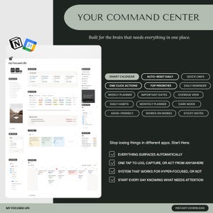 May include: A digital planner interface with the text "YOUR COMMAND CENTRE" and "my focused life." Features include a smart calendar, daily habits, and ADHD-friendly options. The design is on a dark green background with white text.