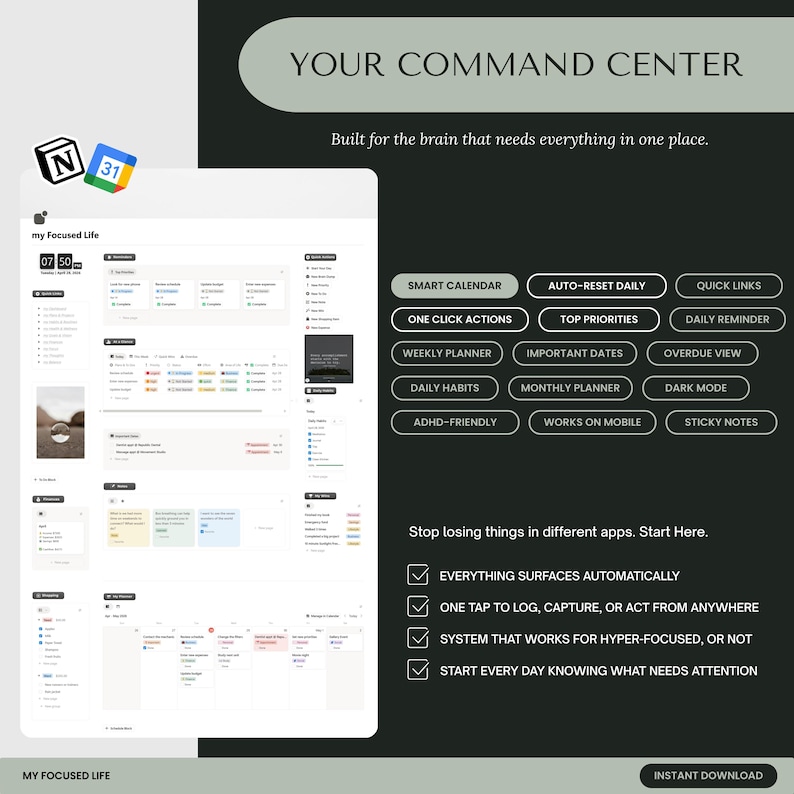 May include: A digital planner interface with the text "YOUR COMMAND CENTRE" and "my focused life." Features include a smart calendar, daily habits, and ADHD-friendly options. The design is on a dark green background with white text.