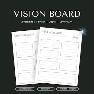 May include: Two white digital vision board templates on a dark background. The pages feature the text VISION BOARD and 2026, with sections labeled Personal Growth, Health | Wellness, Relationships, Quote/Word, Long Term Plans, I Want To Start, I Want To Go To, I Want To Have Fun, and I Want To Read. The text includes Instant Download, Printable PDF, and Goodnotes + Notability.