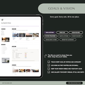 May include: A digital tablet shows a "Goals & Vision" interface, with options for goal setting, tracking, and vision boards. The screen has a clean layout with text and image placeholders. The text reads "Every goal. Every win. All in one place."