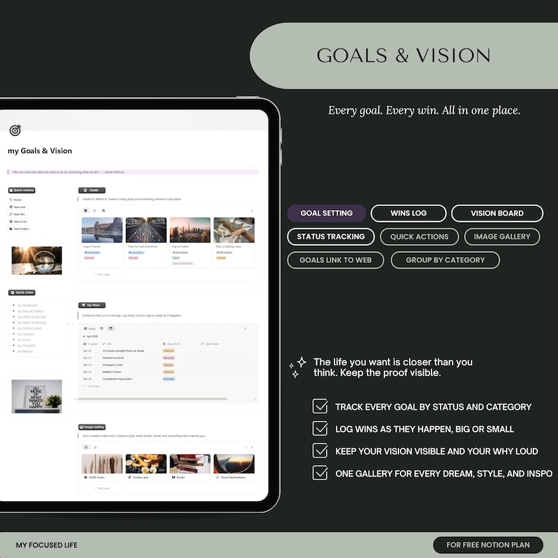 May include: A digital tablet shows a "Goals & Vision" interface, with options for goal setting, tracking, and vision boards. The screen has a clean layout with text and image placeholders. The text reads "Every goal. Every win. All in one place."