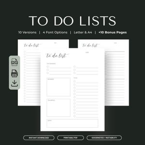 May include: A digital collection of to-do list templates featuring 10 versions, 4 font options, and 10 bonus pages in Letter and A4 sizes. The white pages display black text with sections for top priorities, reminders, tomorrow, and notes.