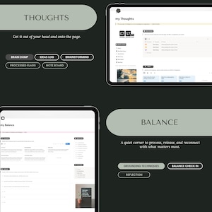 May include: Digital tablet screens displaying the words "THOUGHTS" and "BALANCE" with related text and buttons. The "THOUGHTS" screen shows a digital notebook interface. The "BALANCE" screen shows a digital interface with text and buttons.