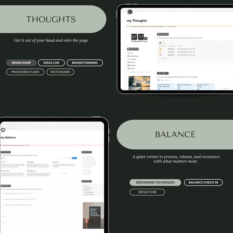 May include: Digital tablet screens displaying the words "THOUGHTS" and "BALANCE" with related text and buttons. The "THOUGHTS" screen shows a digital notebook interface. The "BALANCE" screen shows a digital interface with text and buttons.