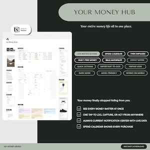 May include: A digital financial management dashboard template titled YOUR MONEY HUB, featuring a Notion integration. The interface includes sections for live notifications, a spend calendar, bill tracking, and quick actions, presented in a dark and light theme.