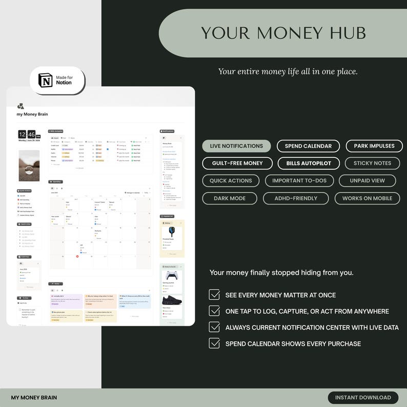 May include: A digital financial management dashboard template titled YOUR MONEY HUB, featuring a Notion integration. The interface includes sections for live notifications, a spend calendar, bill tracking, and quick actions, presented in a dark and light theme.